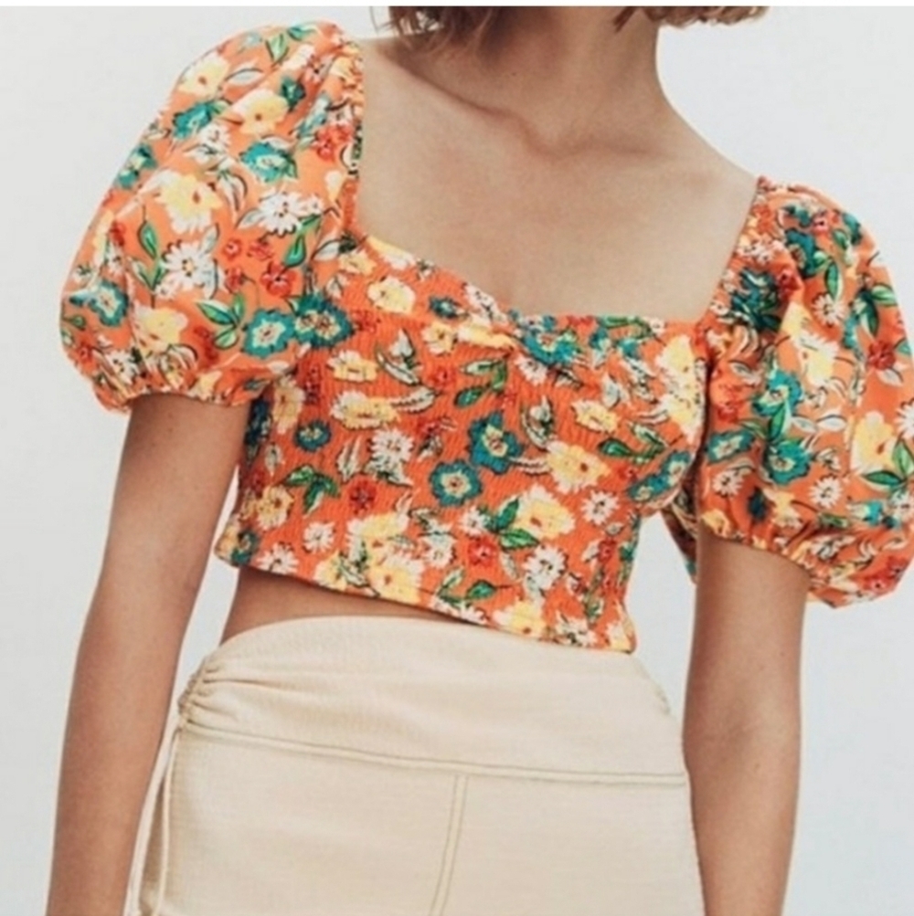 Zara women's cropped orange top w/ balloon sleeve orange large